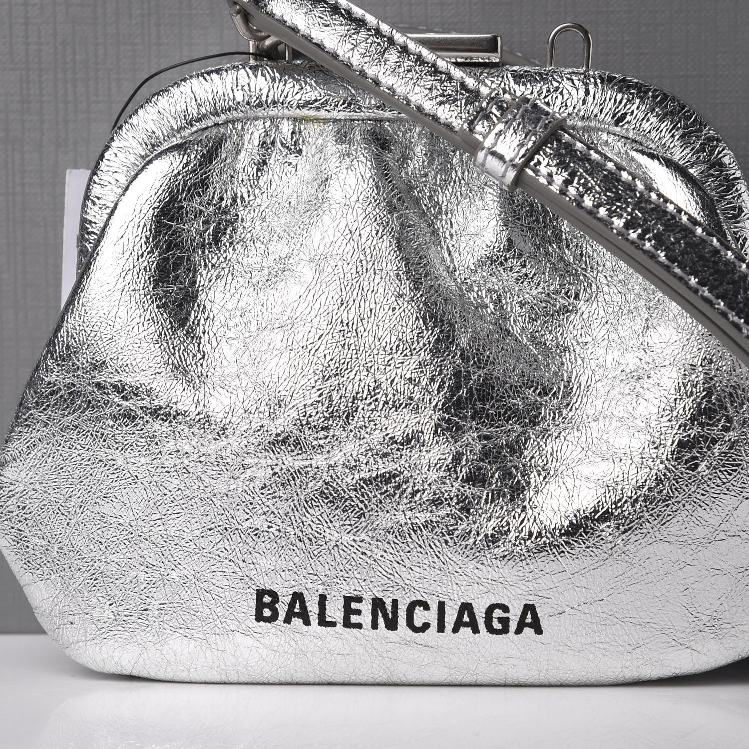 Balenciaga Metallic Textured Calfskin Logo Cloud Coin Purse With Strap Silver 9 of 10