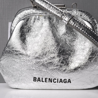 Balenciaga Metallic Textured Calfskin Logo Cloud Coin Purse With Strap Silver 9 of 10