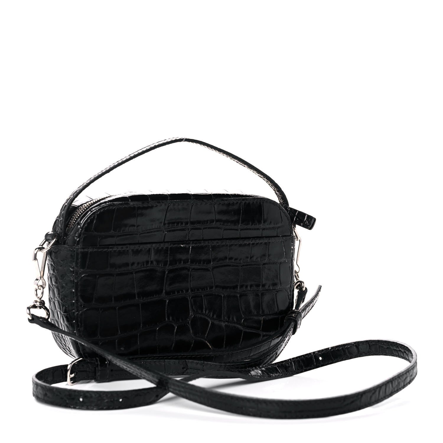 Balenciaga Shiny Calfskin Logo Crocodile Embossed XS Everyday Camera Bag with Handle Black 3 of 17