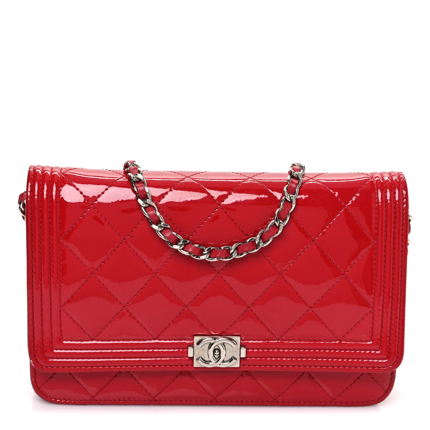 Chanel Patent Calfskin Quilted Boy Wallet On Chain WOC Red 1 of 15