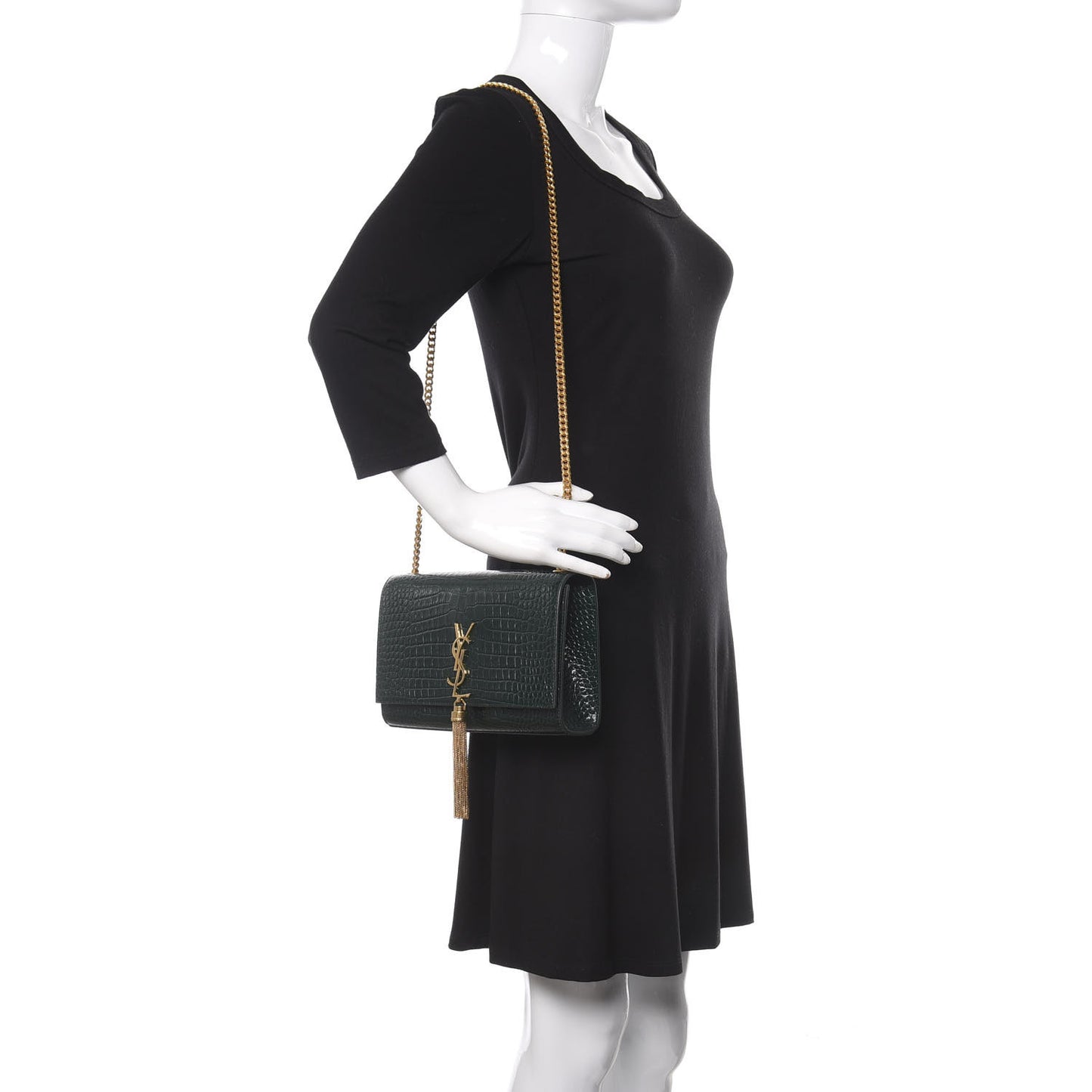 Calfskin Crocodile Embossed Medium Classic Monogram Kate Tassel Satchel Dark Green