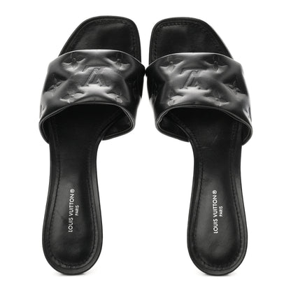 Louis Vuitton Lambskin Embossed Monogram Revival Mid Heel Mules 37 Black 2 of 10