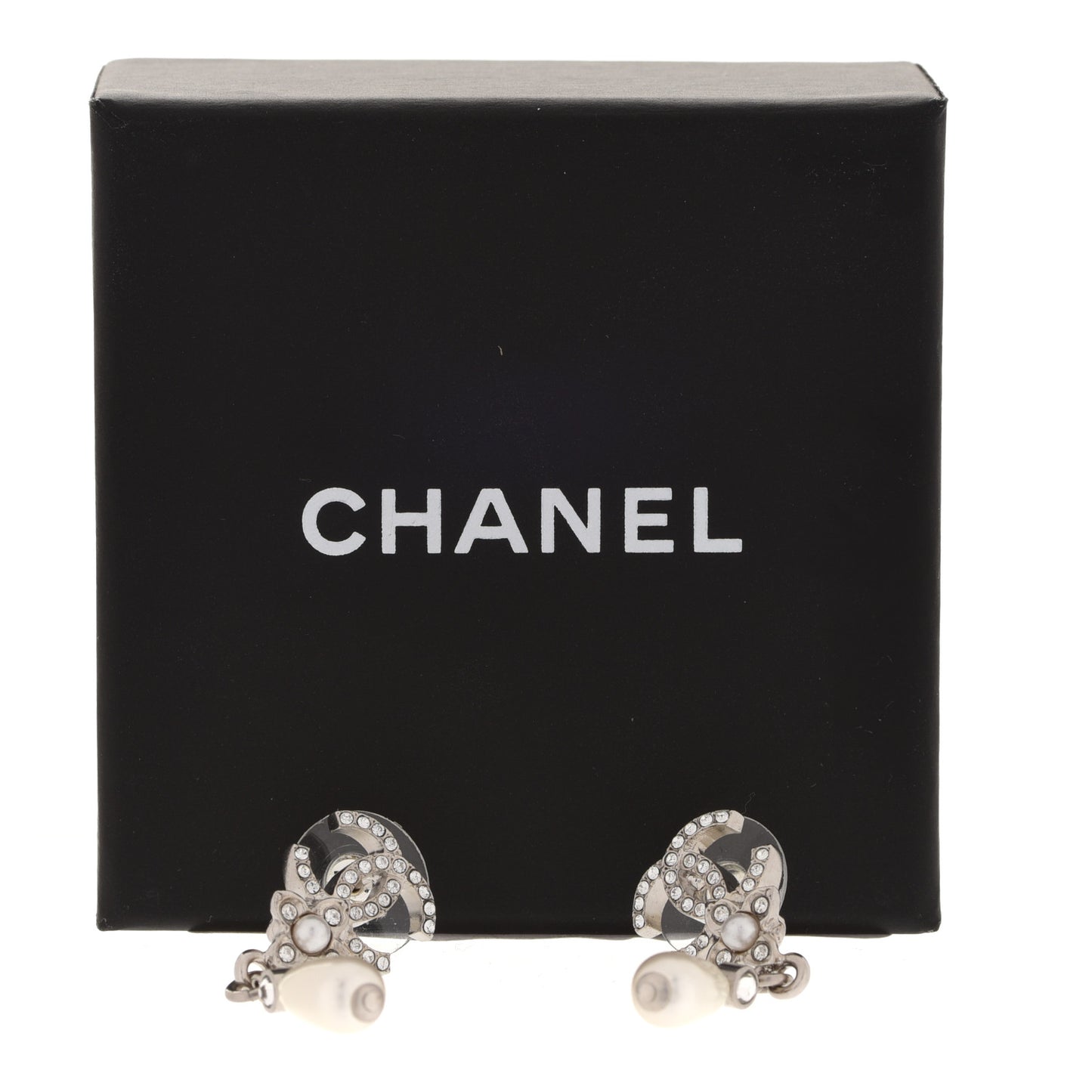 Crystal Pearl Flower CC Drop Earrings Silver