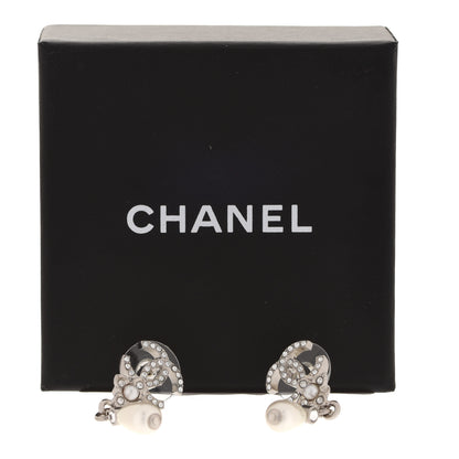 Chanel Crystal Pearl Flower CC Drop Earrings Silver 5 of 5