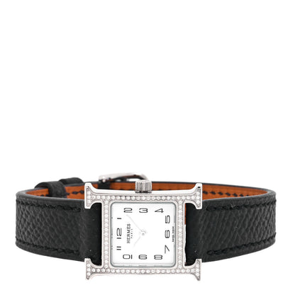 Hermes Stainless Steel Epsom Diamond Bezel Mother of Pearl 17.2mm Heure H Hour Quartz Watch Noir 2 of 5