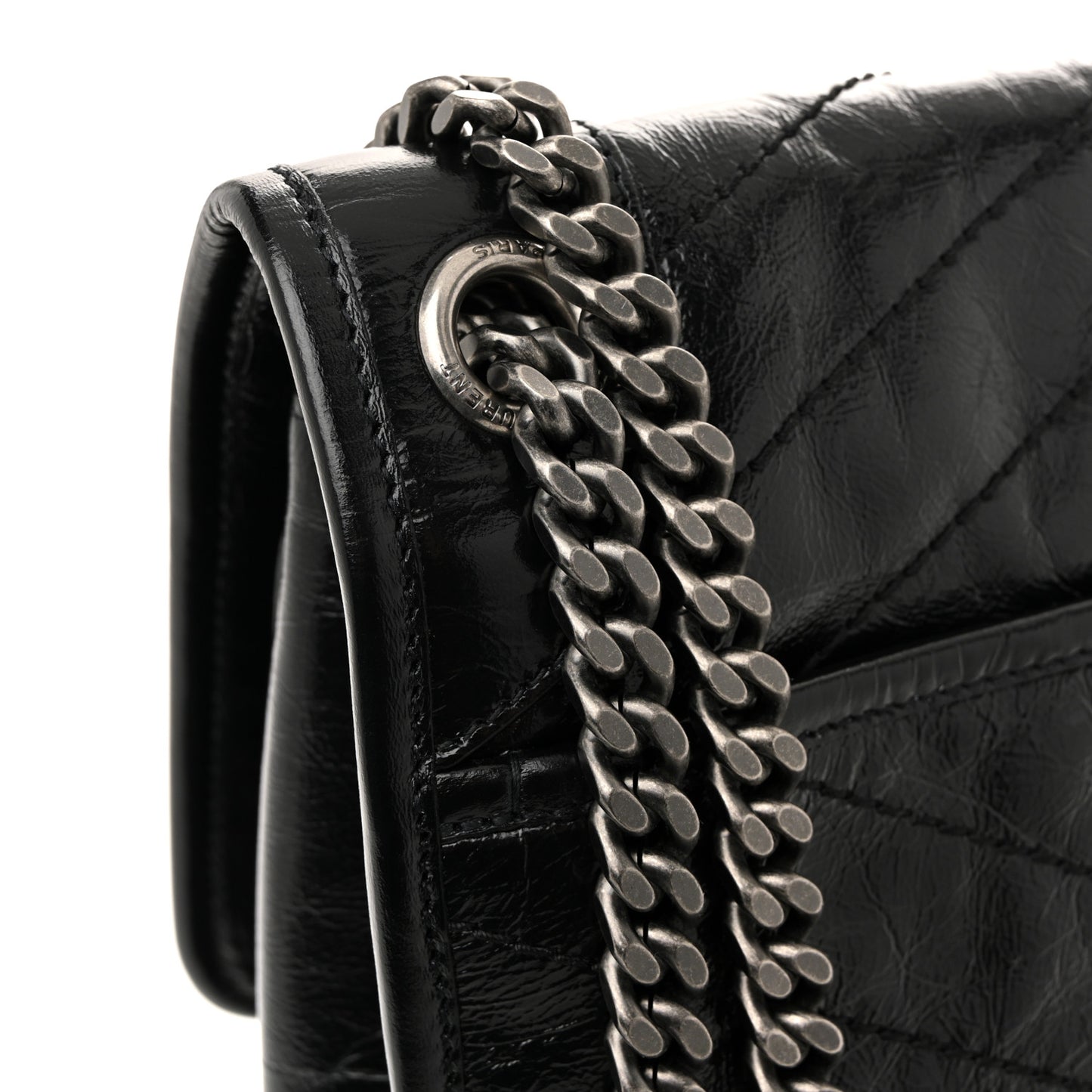 Crinkled Calfskin Matelasse Monogram Large Niki Chain Satchel Black