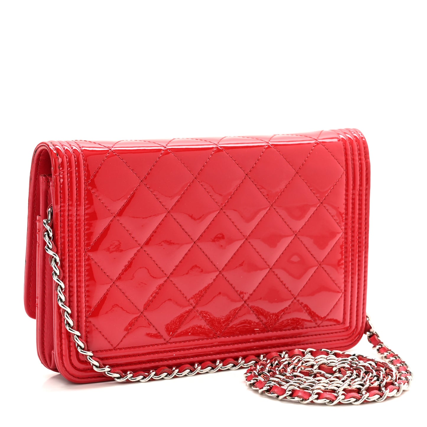 Patent Calfskin Quilted Boy Wallet On Chain WOC Red