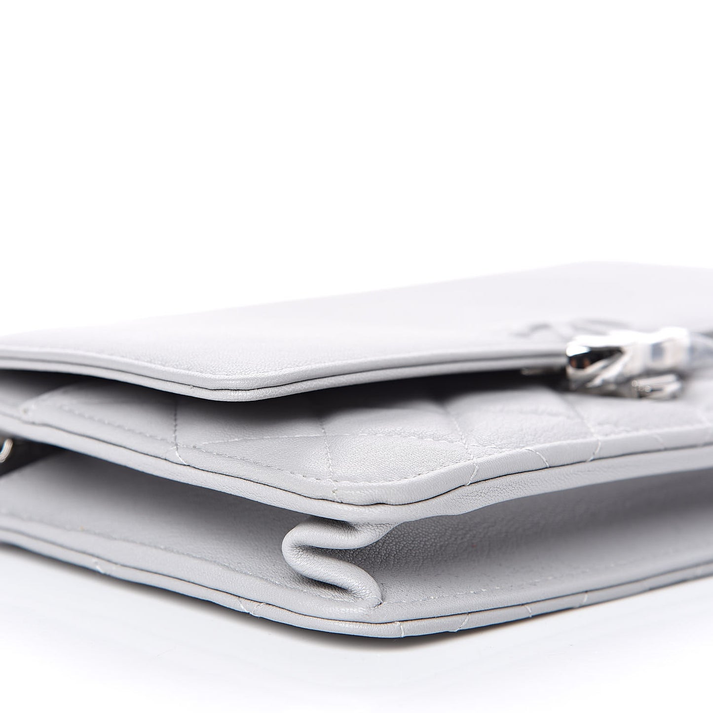 Grained Calfskin Quilted CC Box Wallet On Chain WOC Grey