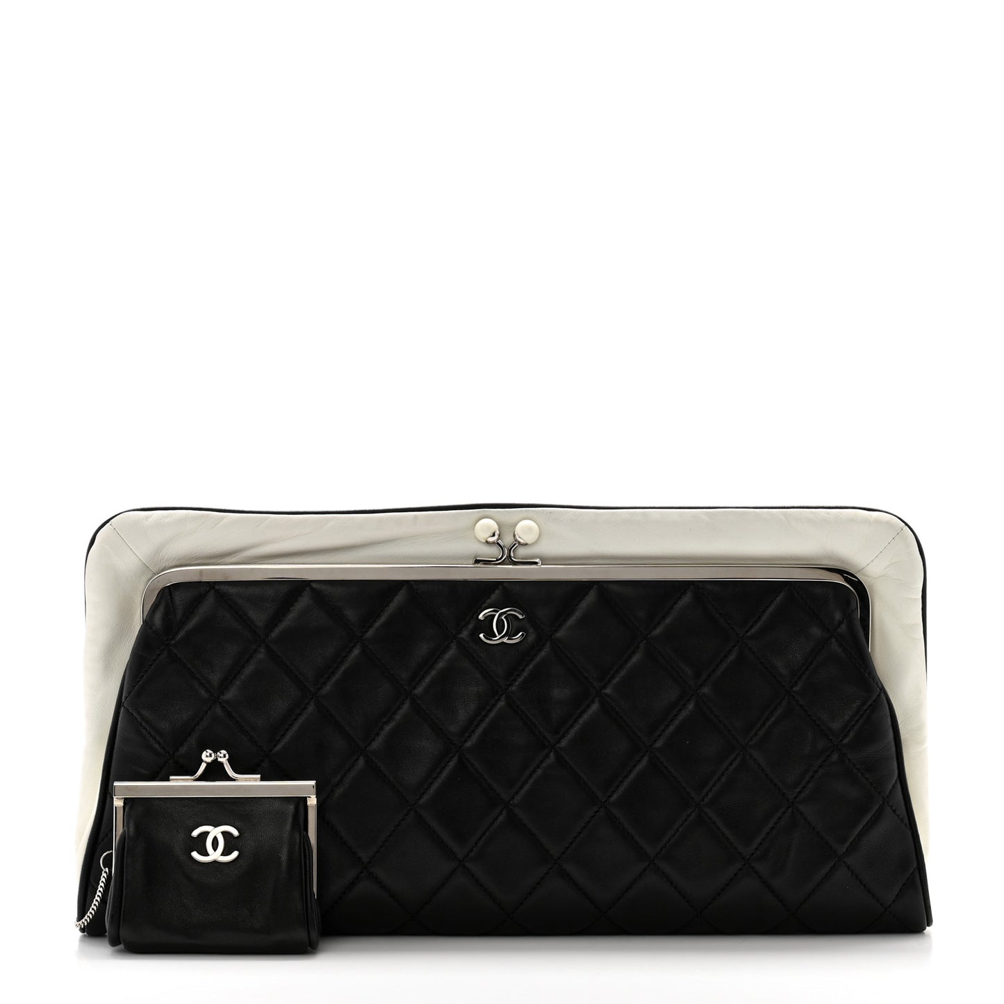 Lambskin Quilted Pearl Kiss Lock Clutch Black White