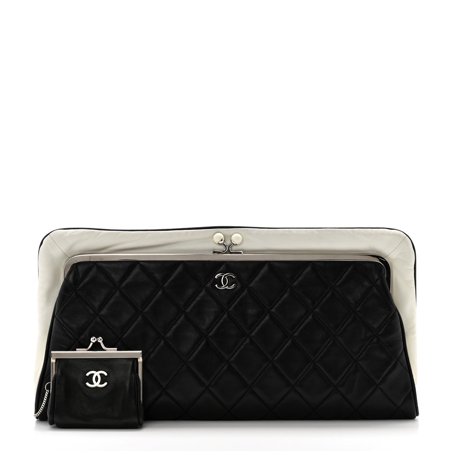 Chanel Lambskin Quilted Pearl Kiss Lock Clutch Black White 3 of 15
