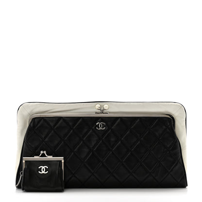 Chanel Lambskin Quilted Pearl Kiss Lock Clutch Black White 3 of 15