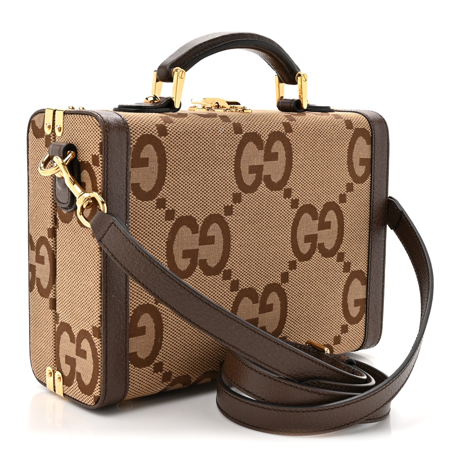Gucci Monogram Jumbo GG Textured Dollar Calfskin Top Handle Beauty Case Camel Ebony New Acero 3 of 13