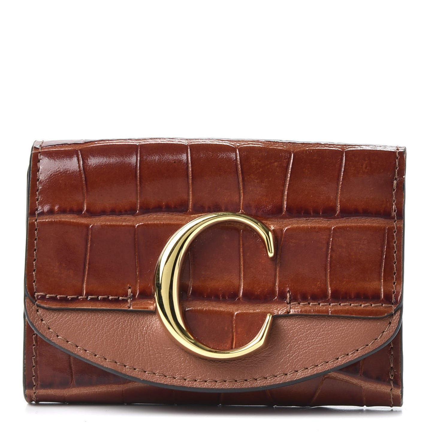 Crocodile Embossed Shiny Calfskin Small C Tri-Fold Wallet Chestnut Brown