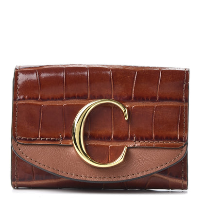 Chloe Crocodile Embossed Shiny Calfskin Small C Tri-Fold Wallet Chestnut Brown 1 of 10