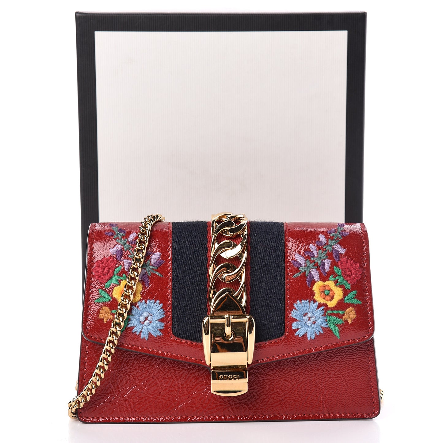 Patent Embroidered Super Mini Sylvie Chain Shoulder Bag Red