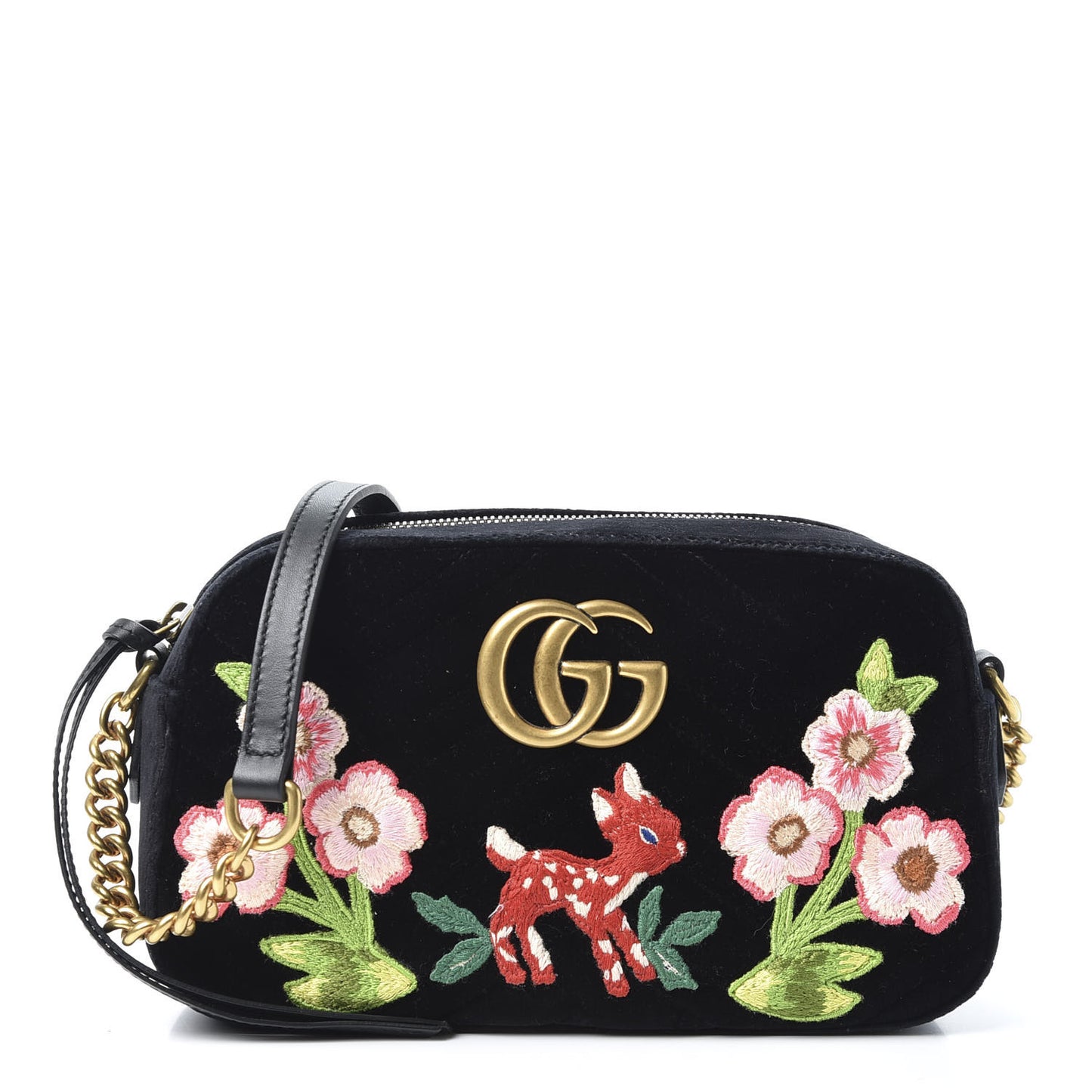 Velvet Matelasse Deer Embroidered Small GG Marmont Chain Shoulder Bag Black
