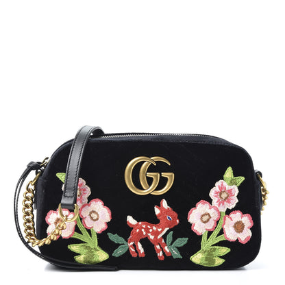 Gucci Velvet Matelasse Deer Embroidered Small GG Marmont Chain Shoulder Bag Black 1 of 9