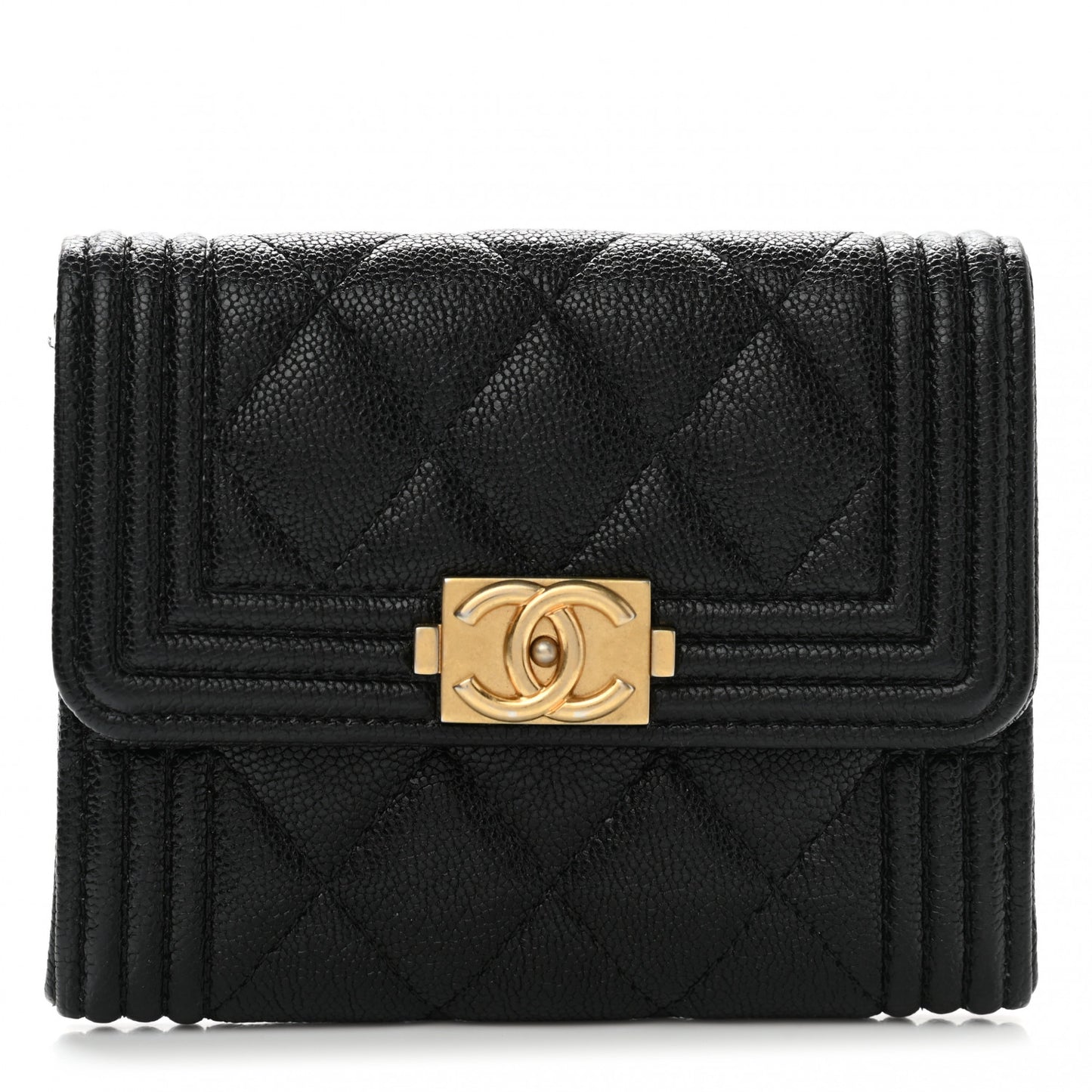 Caviar Quilted Boy Flap Card Holder Wallet Black