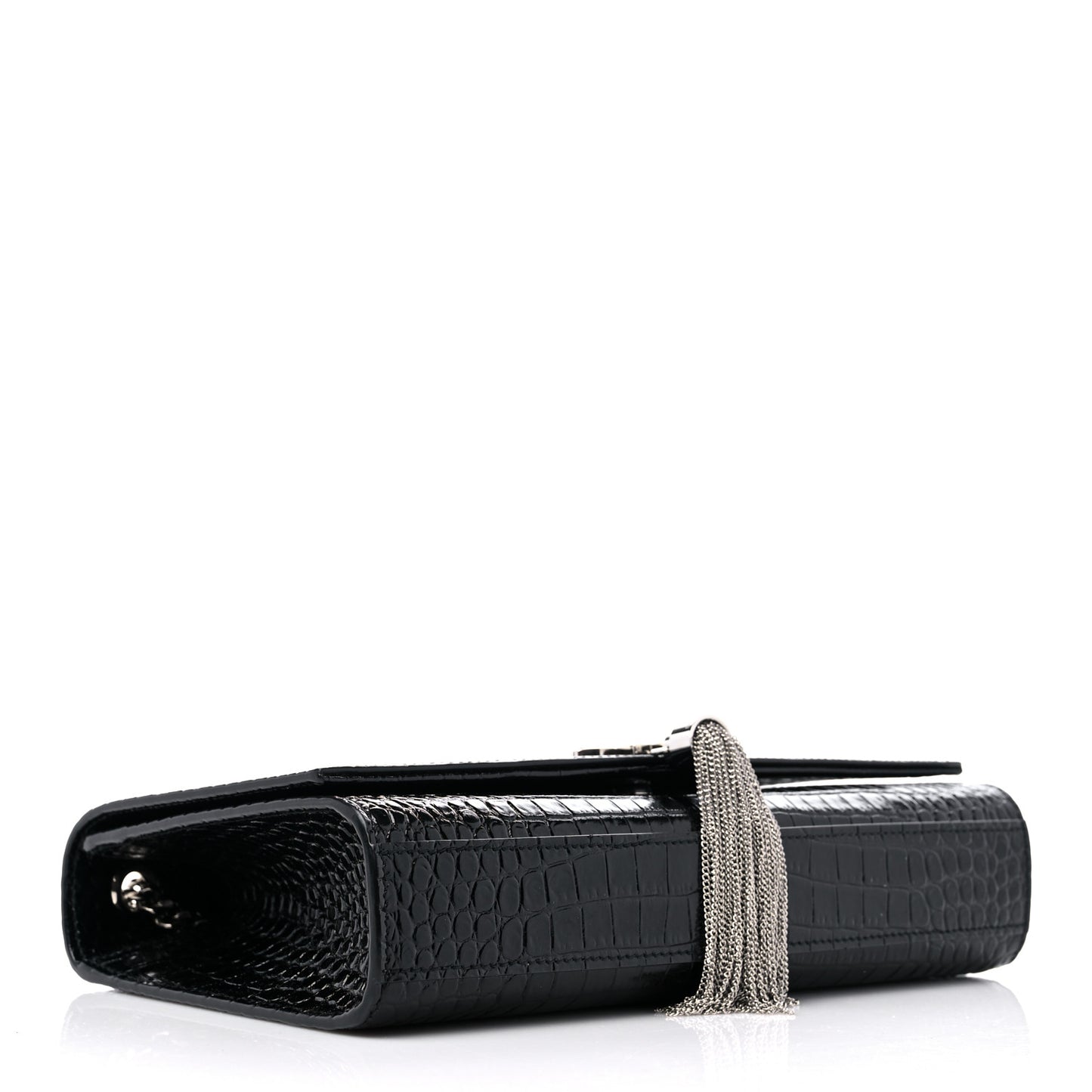 Calfskin Crocodile Embossed Medium Classic Monogram Kate Tassel Satchel Black