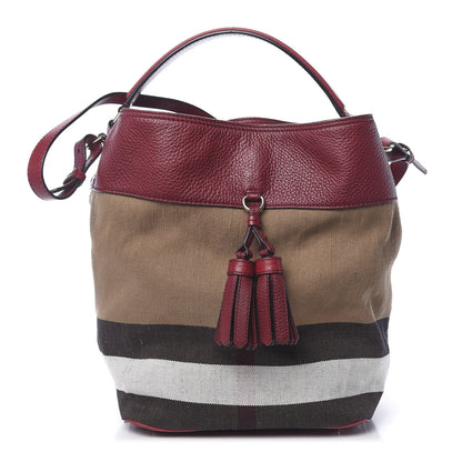 Burberry Grainy Calfskin Canvas Mega Check Medium Ashby Tassel Hobo Burgundy Red 1 of 13