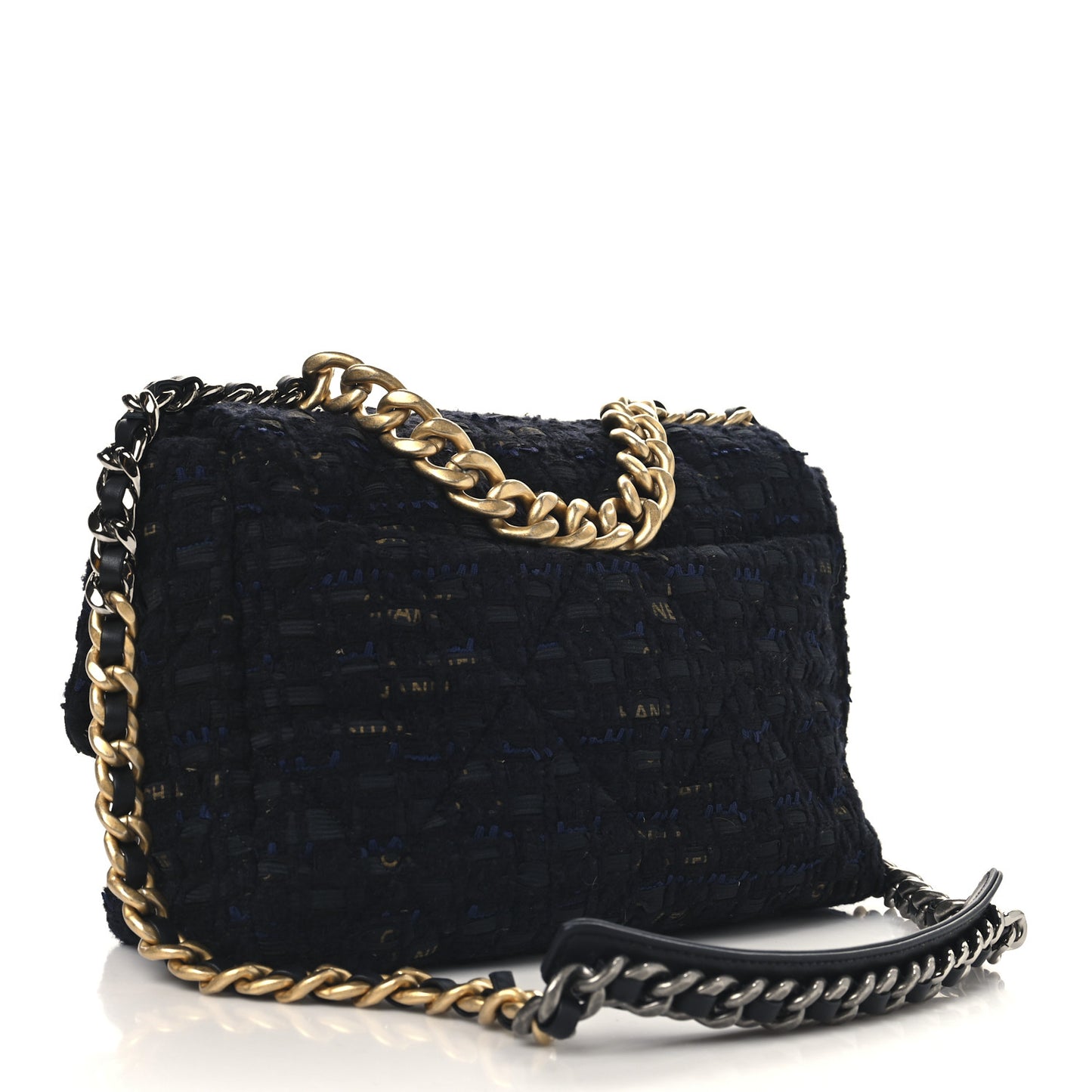 Tweed Quilted Large Chanel 19 Flap Black Navy Gold