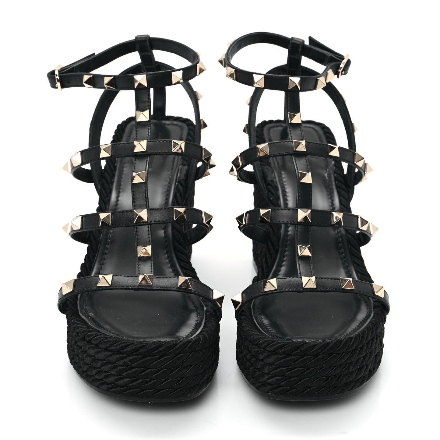 Calfskin Rockstud Ankle Strap Torchon Espadrille Caged 25/95mm Wedge Sandals 40 Black