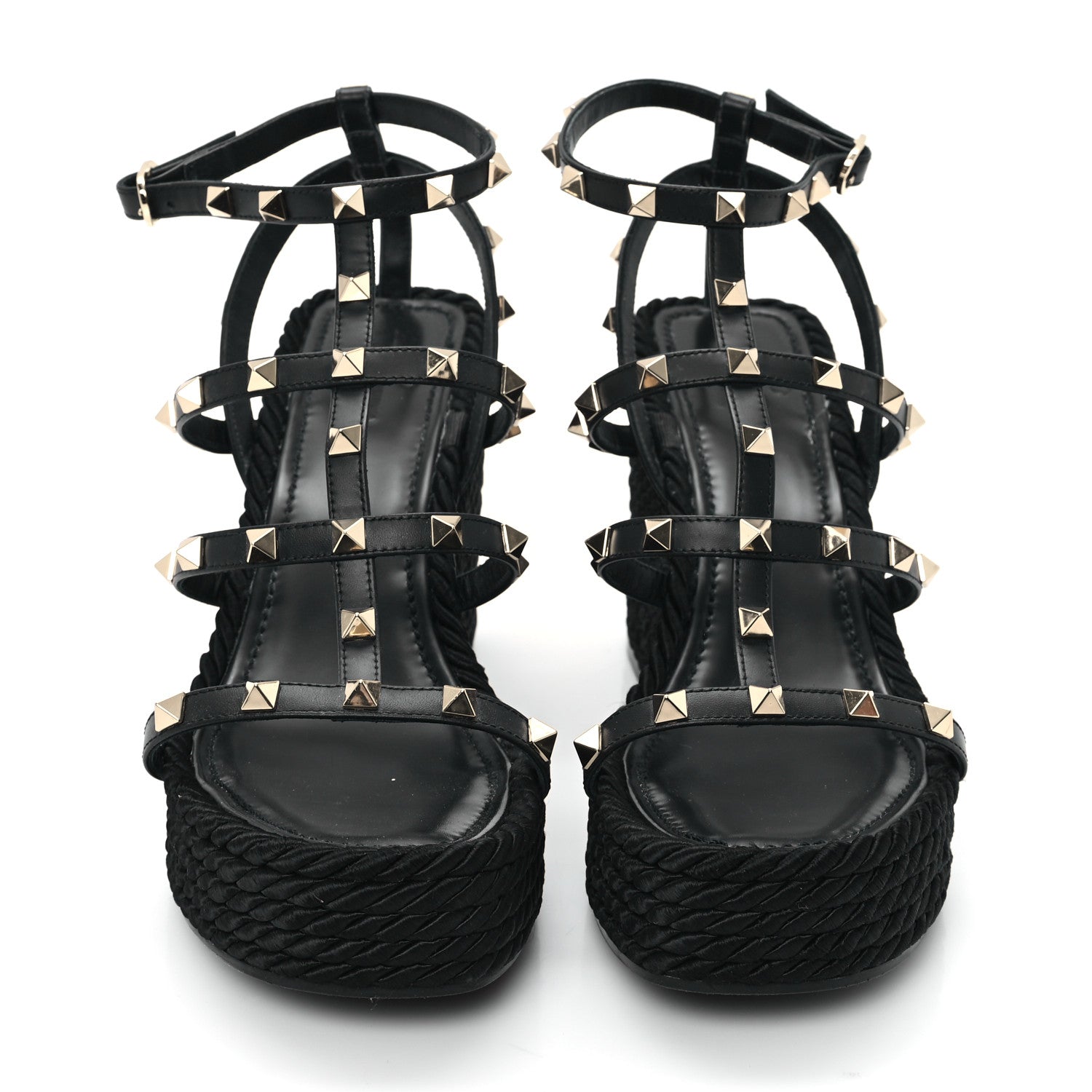 Valentino Garavani Calfskin Rockstud Ankle Strap Torchon Espadrille Caged 25/95mm Wedge Sandals 40 Black 3 of 9