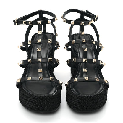 Valentino Garavani Calfskin Rockstud Ankle Strap Torchon Espadrille Caged 25/95mm Wedge Sandals 40 Black 3 of 9