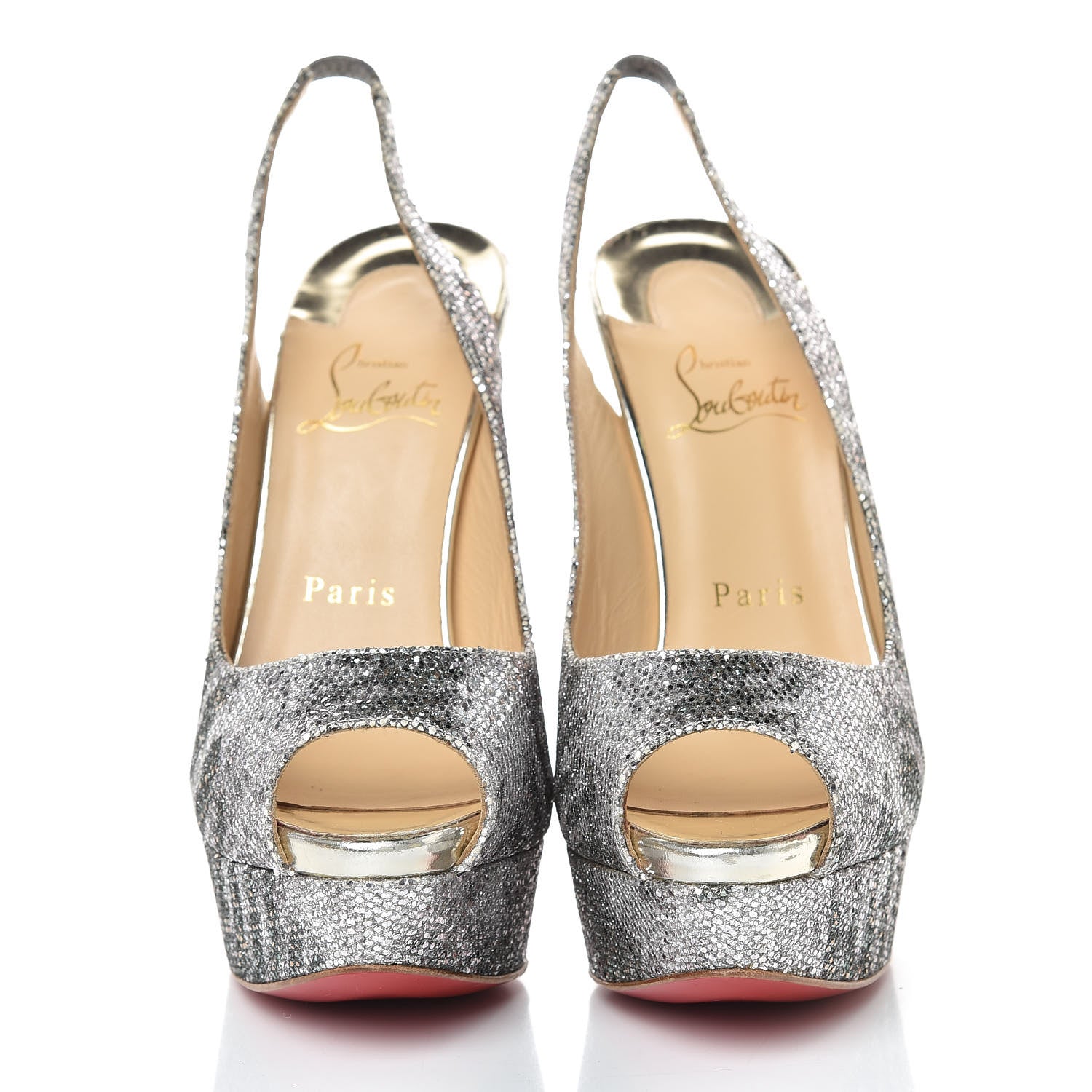 Christian Louboutin Glitter Sirene Lady Peep Sling 150 Pumps 37.5 Silver Light Gold 2 of 19