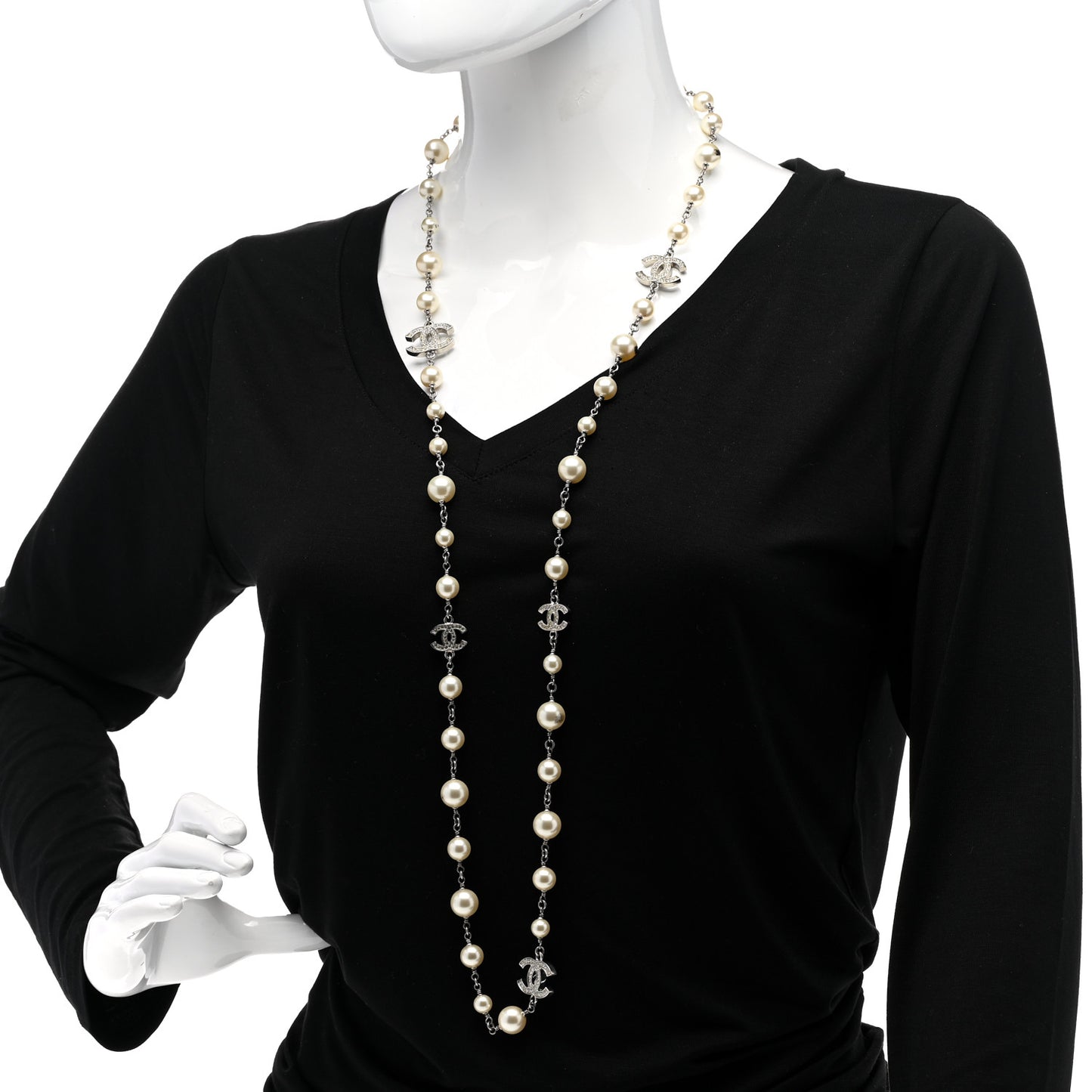 Graduated Pearl Crystal CC Long Necklace Silver