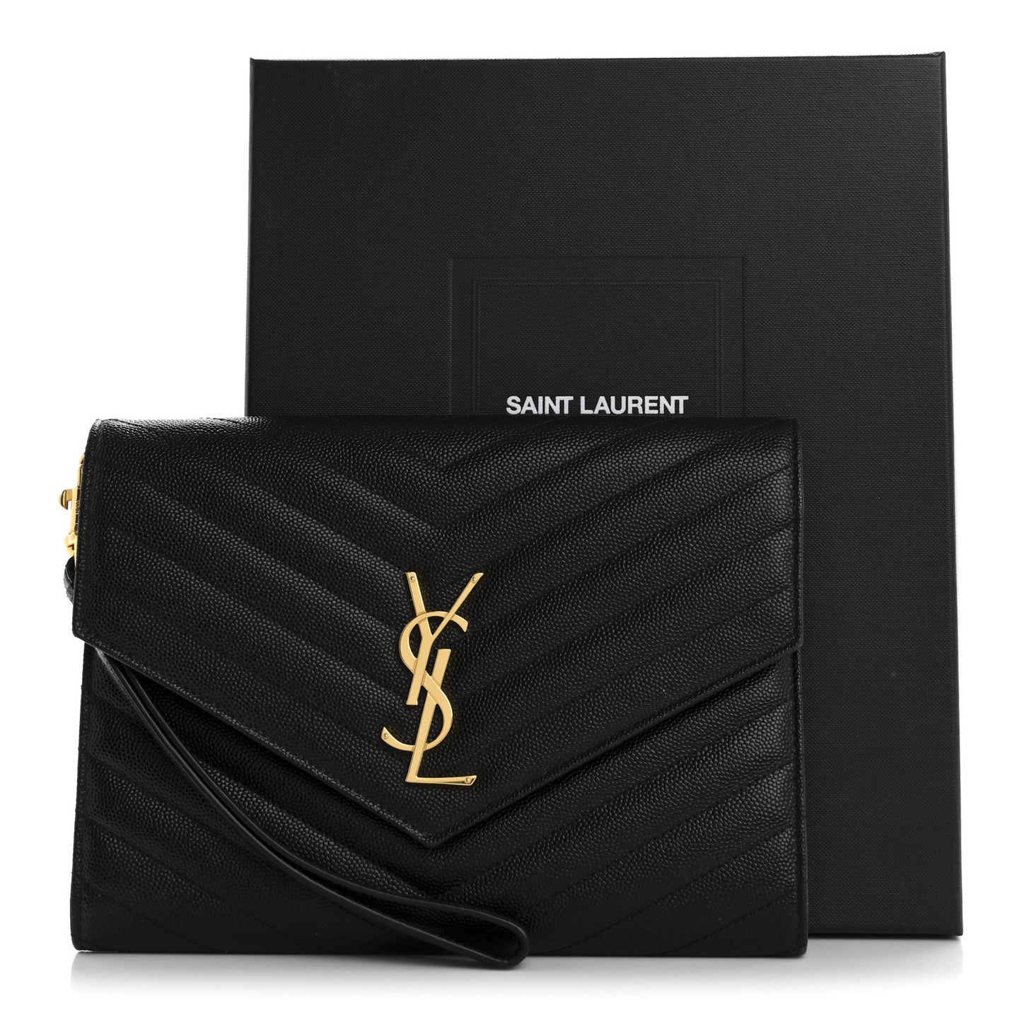 Grain De Poudre Matelasse Chevron Monogram Envelope Clutch Black