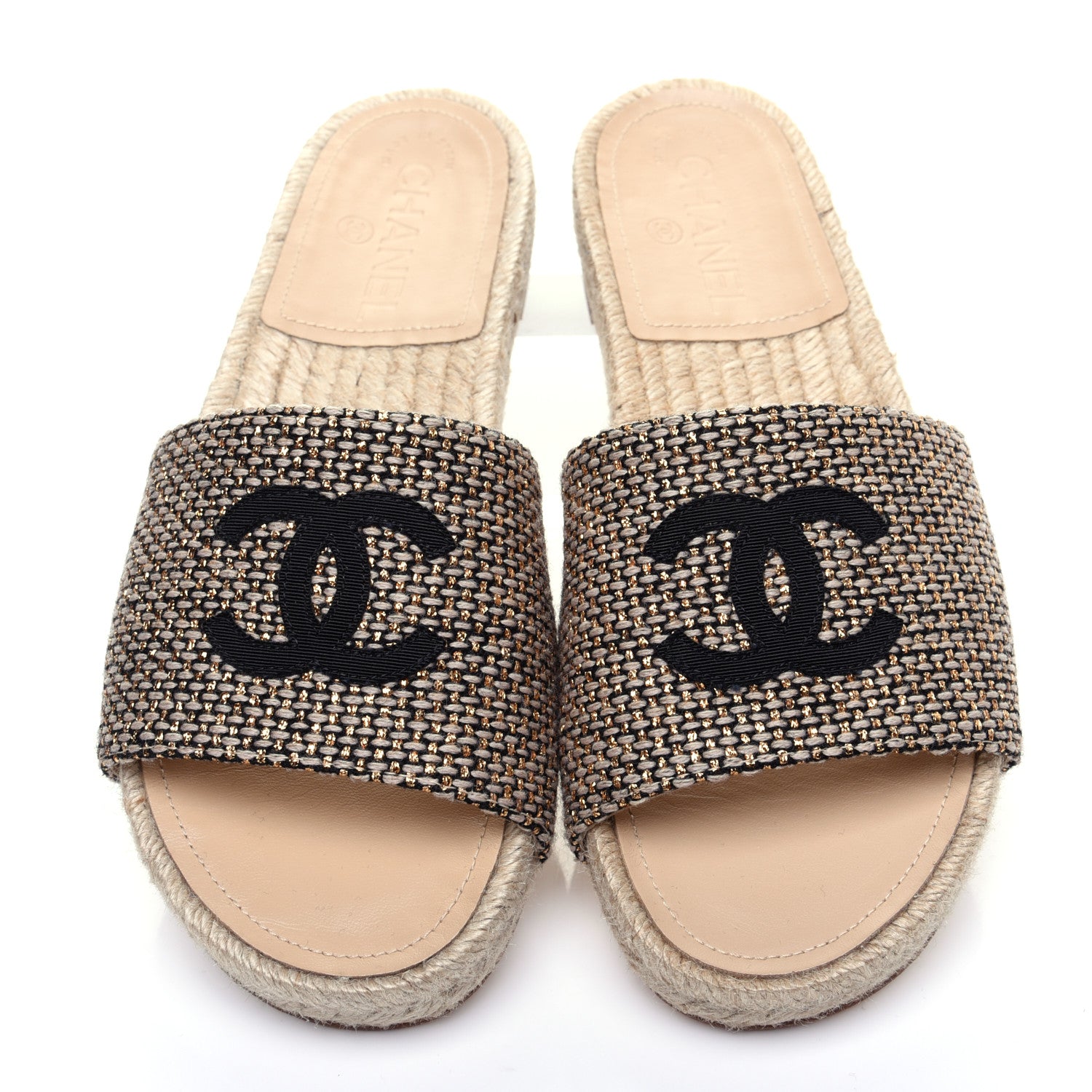 Chanel Metallic Tweed CC Espadrille Slip On Sandals 37 Beige Black 8 of 11