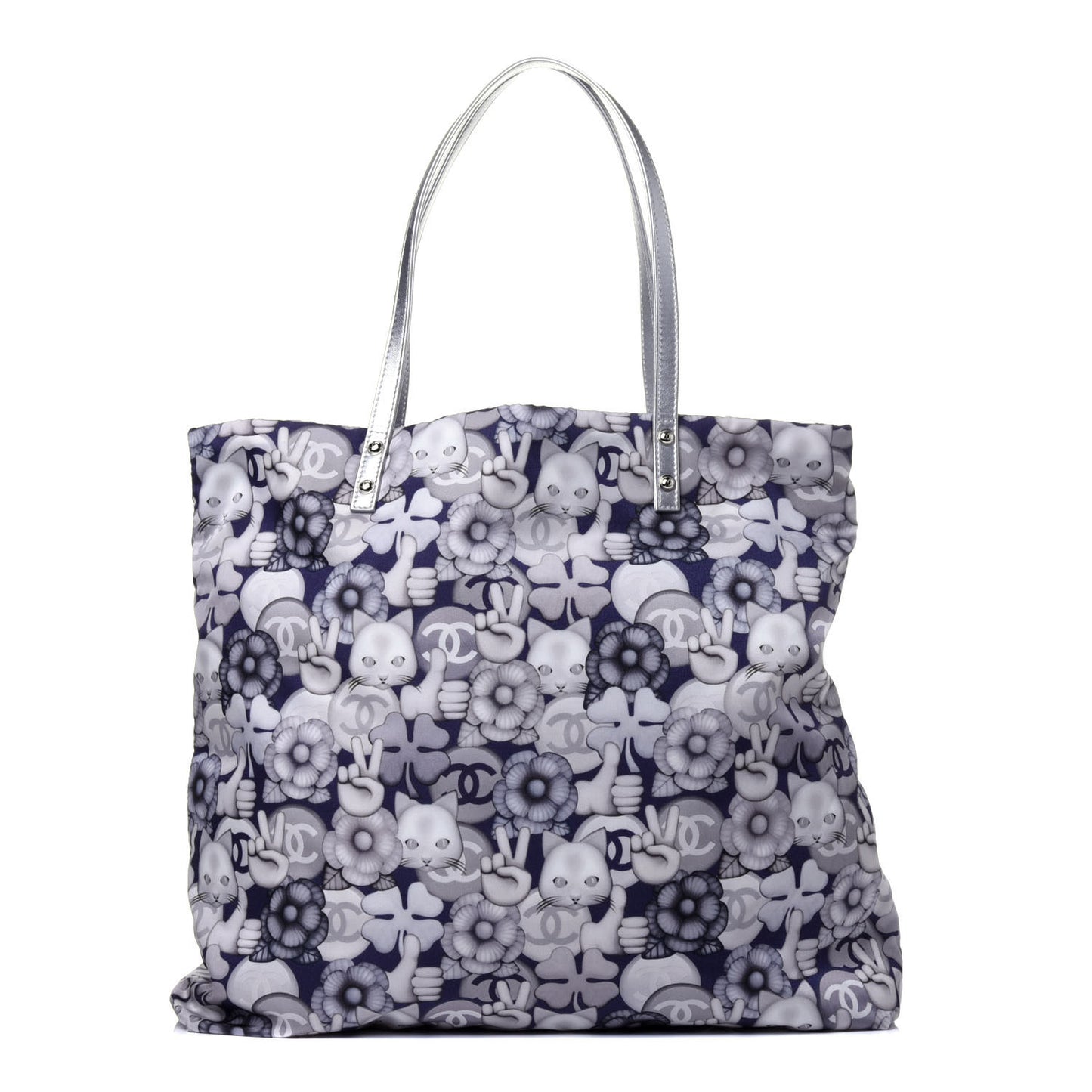 Nylon Cat Emoticon Tote Navy Silver