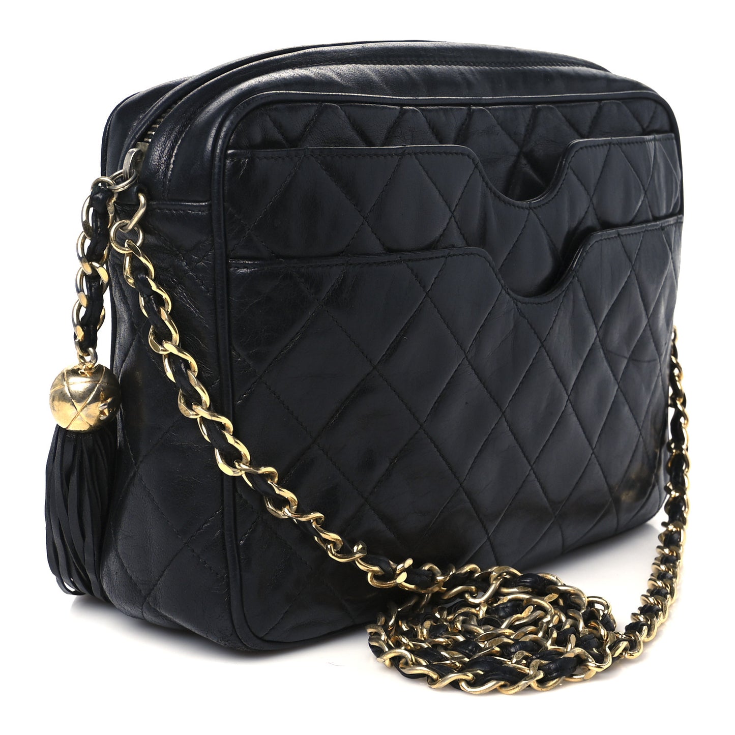Lambskin Quilted CC Tassel Camera Case Black