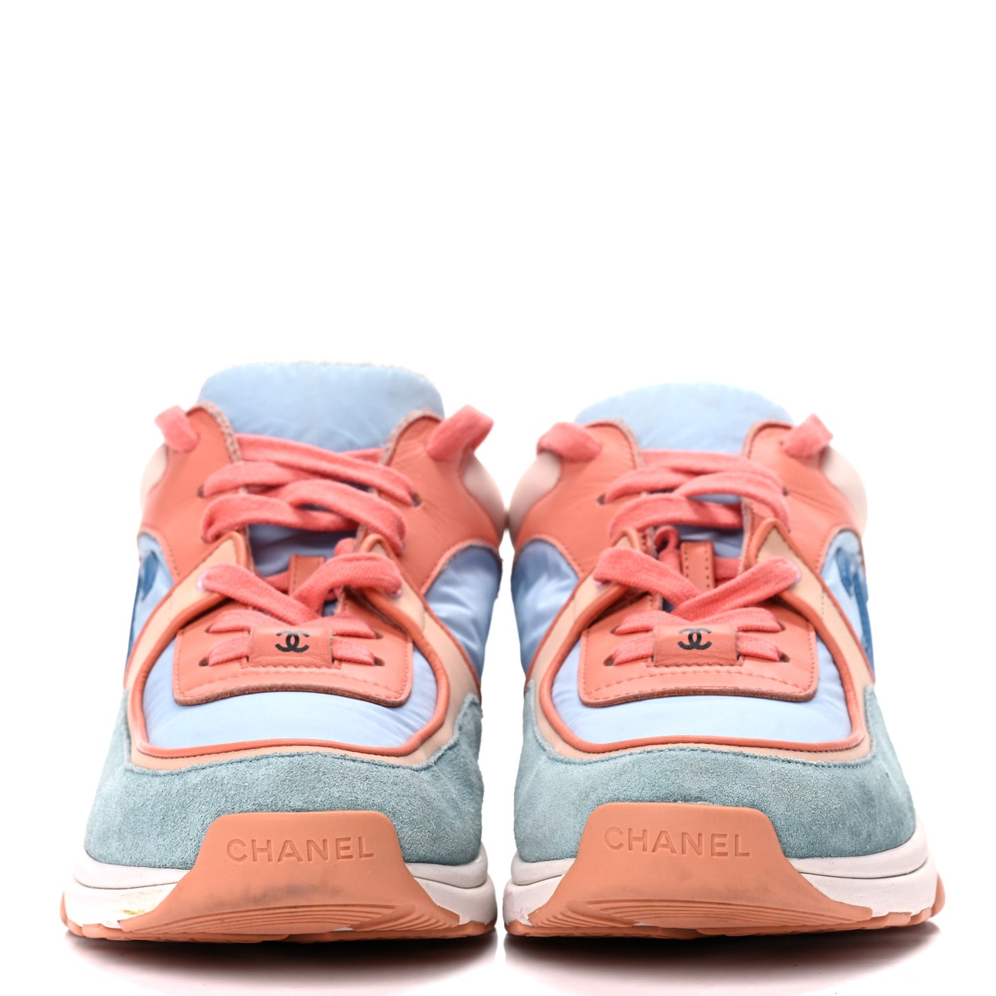 Nylon Lambskin Suede Calfskin CC Sneakers 38.5 Coral Light Blue White