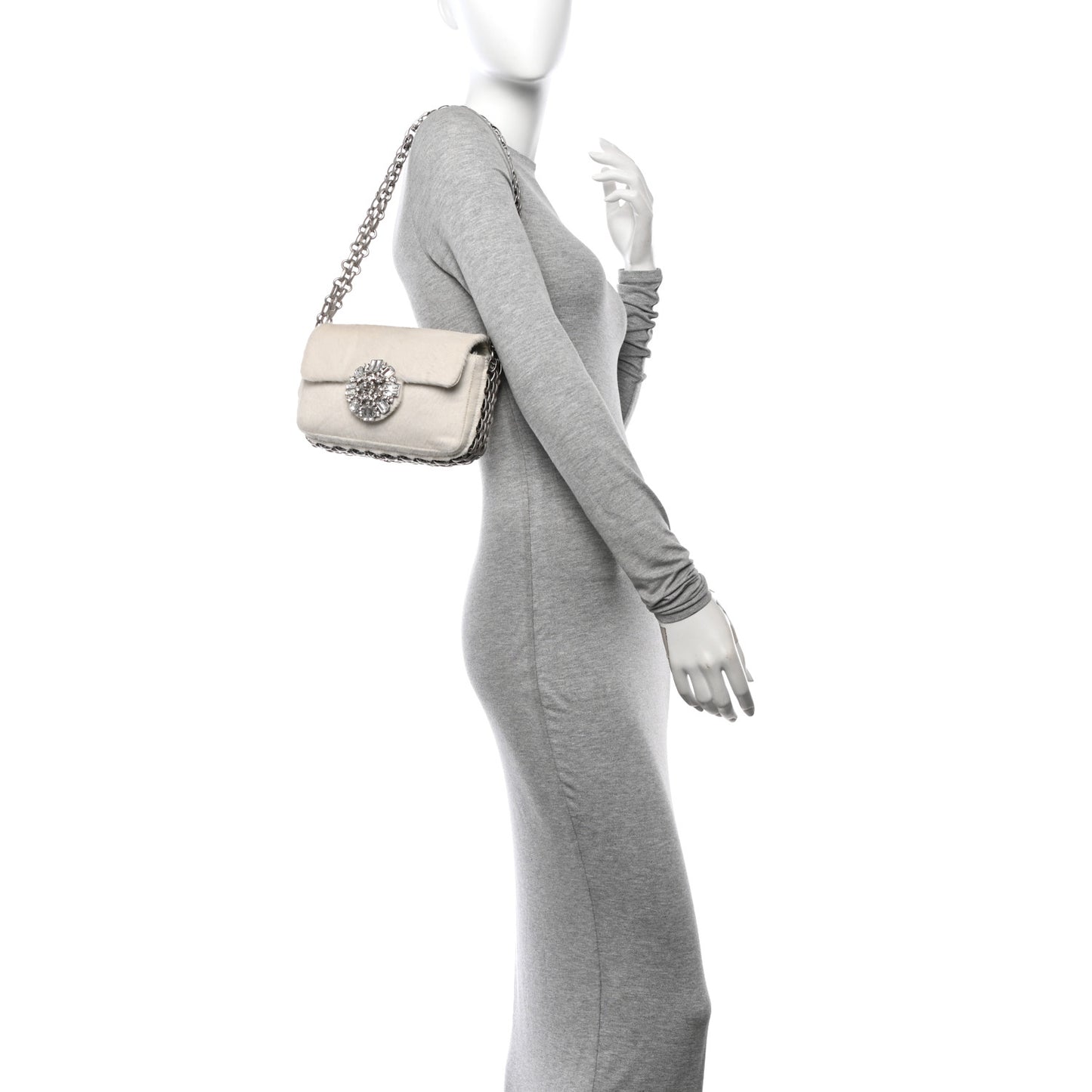 Pony Hair Baguette Crystal CC Flap Bag White
