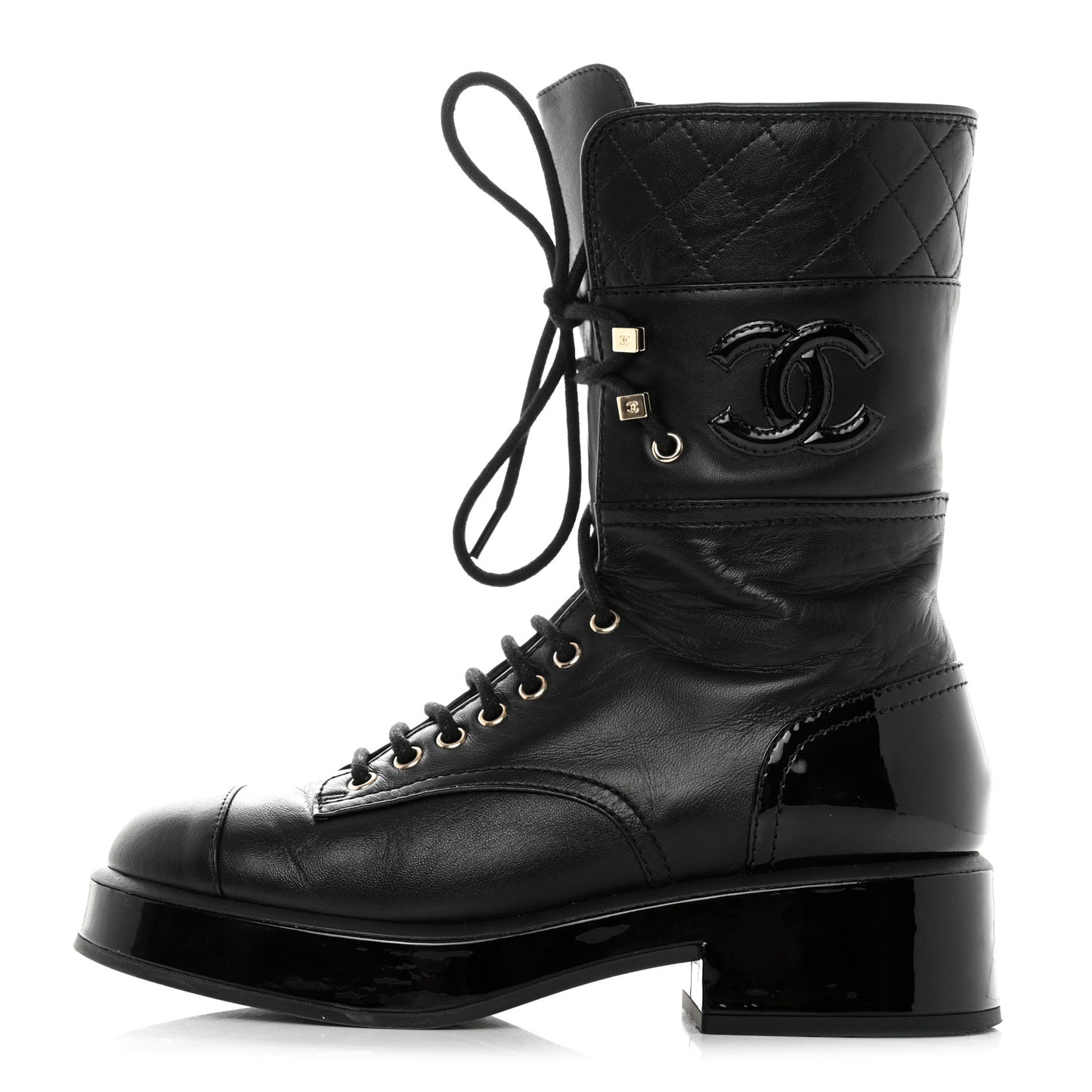 Lambskin Patent Calfskin Quilted CC Lace Up Combat Boots 37 Black