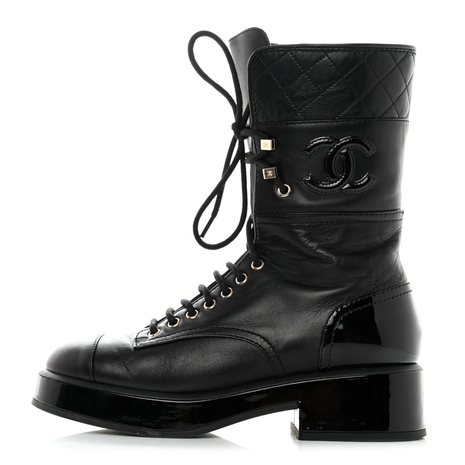 Chanel Lambskin Patent Calfskin Quilted CC Lace Up Combat Boots 37 Black 1 of 12