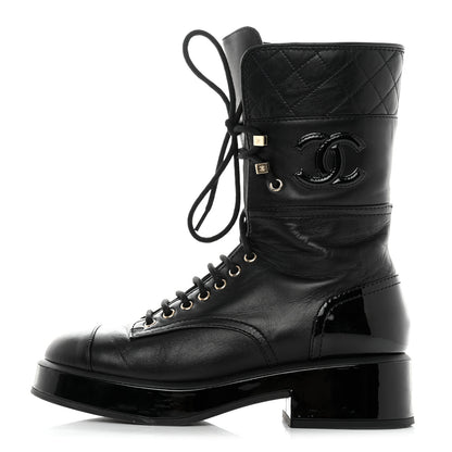 Chanel Lambskin Patent Calfskin Quilted CC Lace Up Combat Boots 37 Black 1 of 12