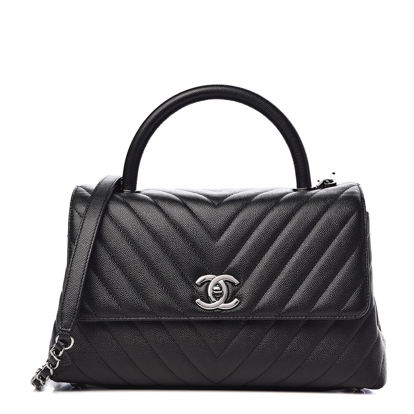 Caviar Chevron Quilted Small Coco Handle Flap Black