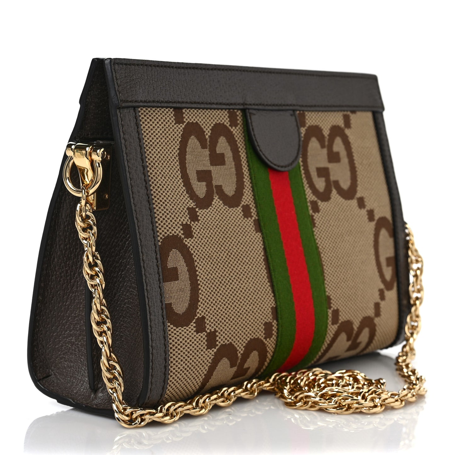 Monogram Jumbo GG Textured Dollar Calfskin Web Small Ophidia Chain Shoulder Bag Camel Ebony New Acero
