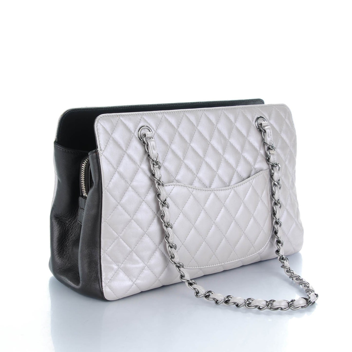 Metallic Calfskin Quilted Mademoiselle Tote Silver Black