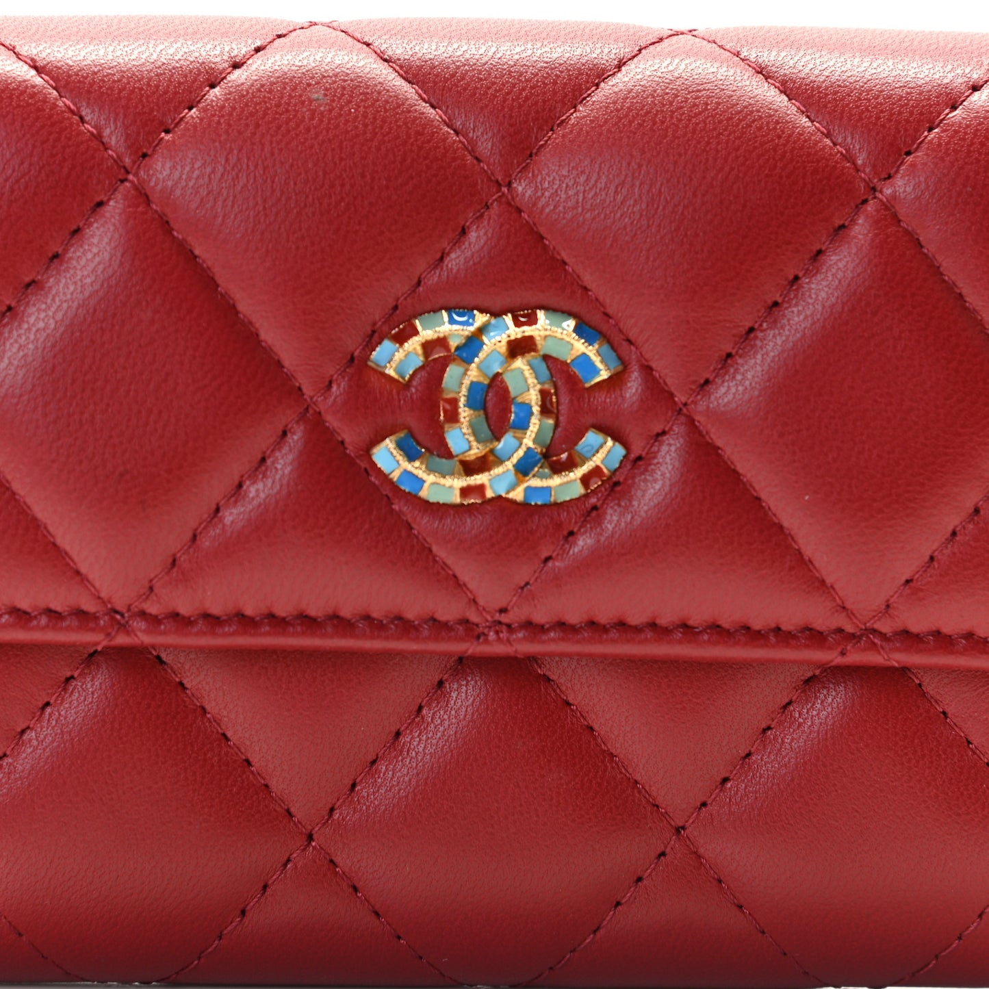 Lambskin Quilted Enamel Flap Card Holder Wallet Red