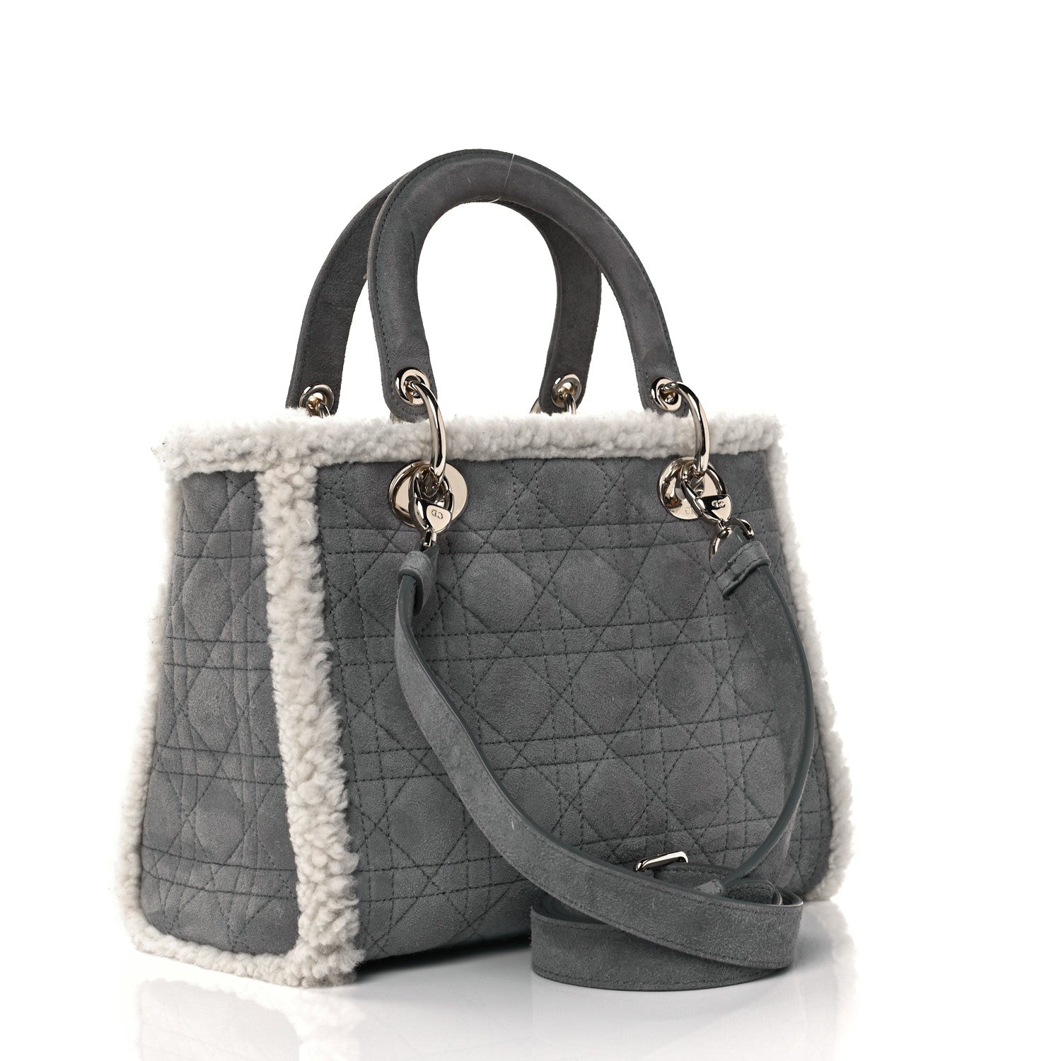 Christian Dior Suede Shearling Cannage Small Lady Dior Gray 2 of 7