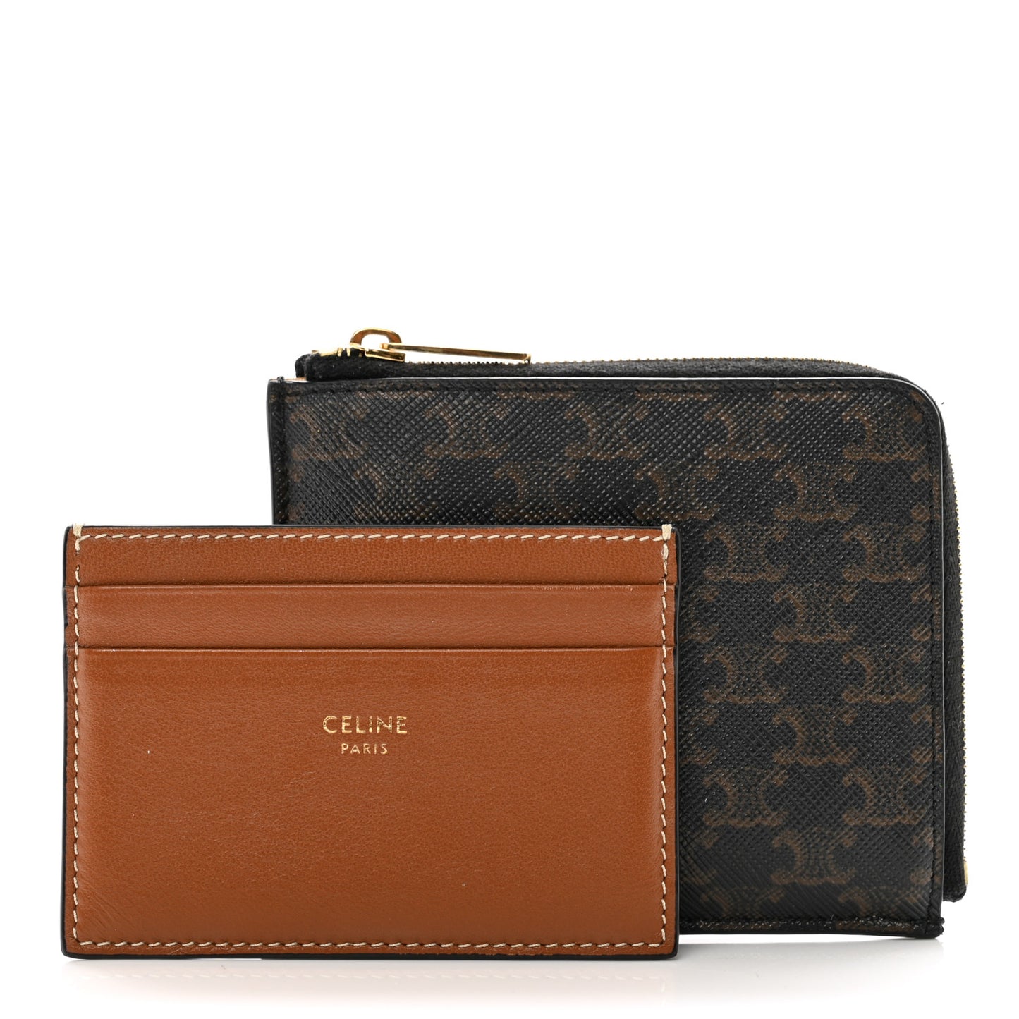 Triomphe Canvas Zipped Purse With Removable Card Holder Black Tan