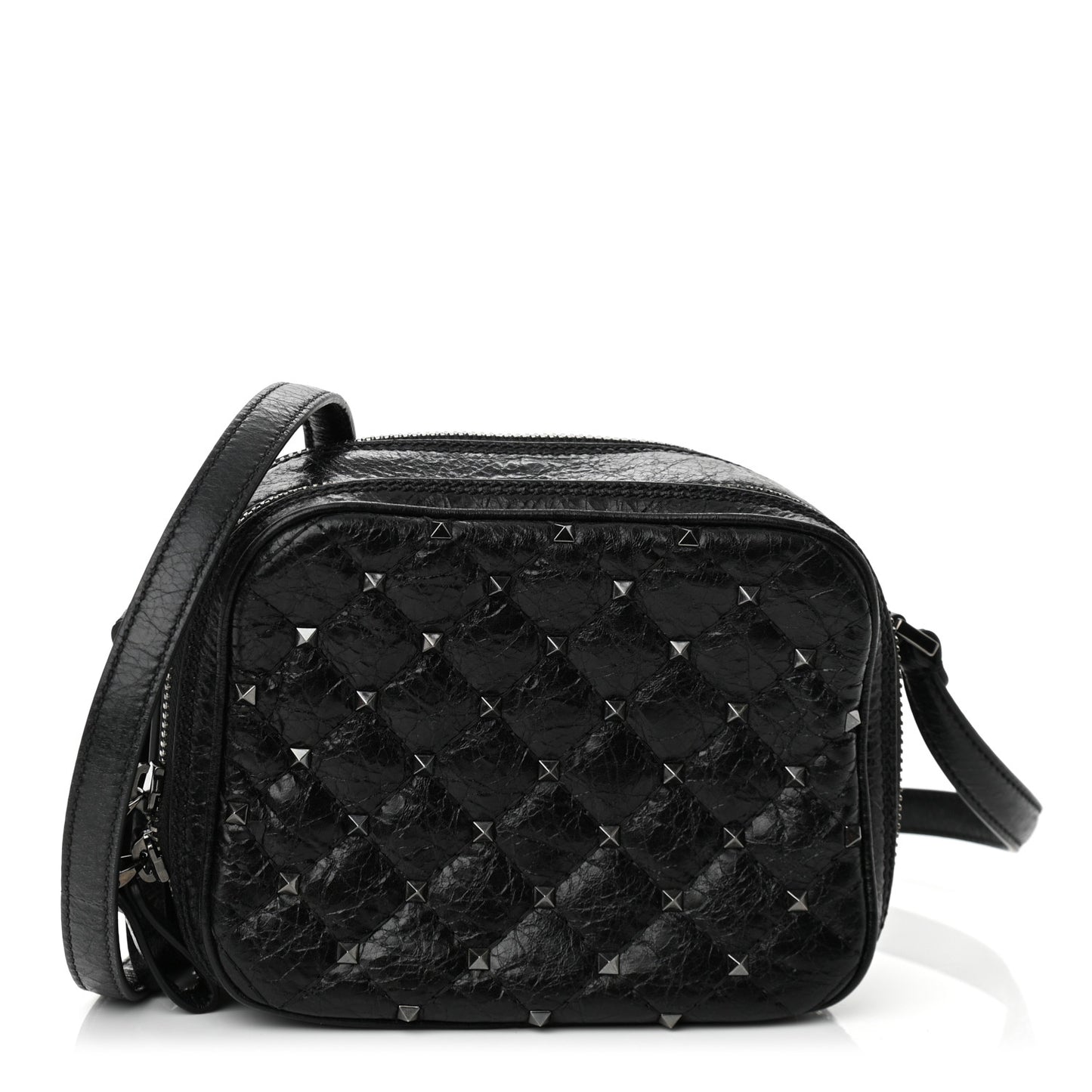 Craquele Nappa Rockstud Spike Double Zip Camera Crossbody Bag Black