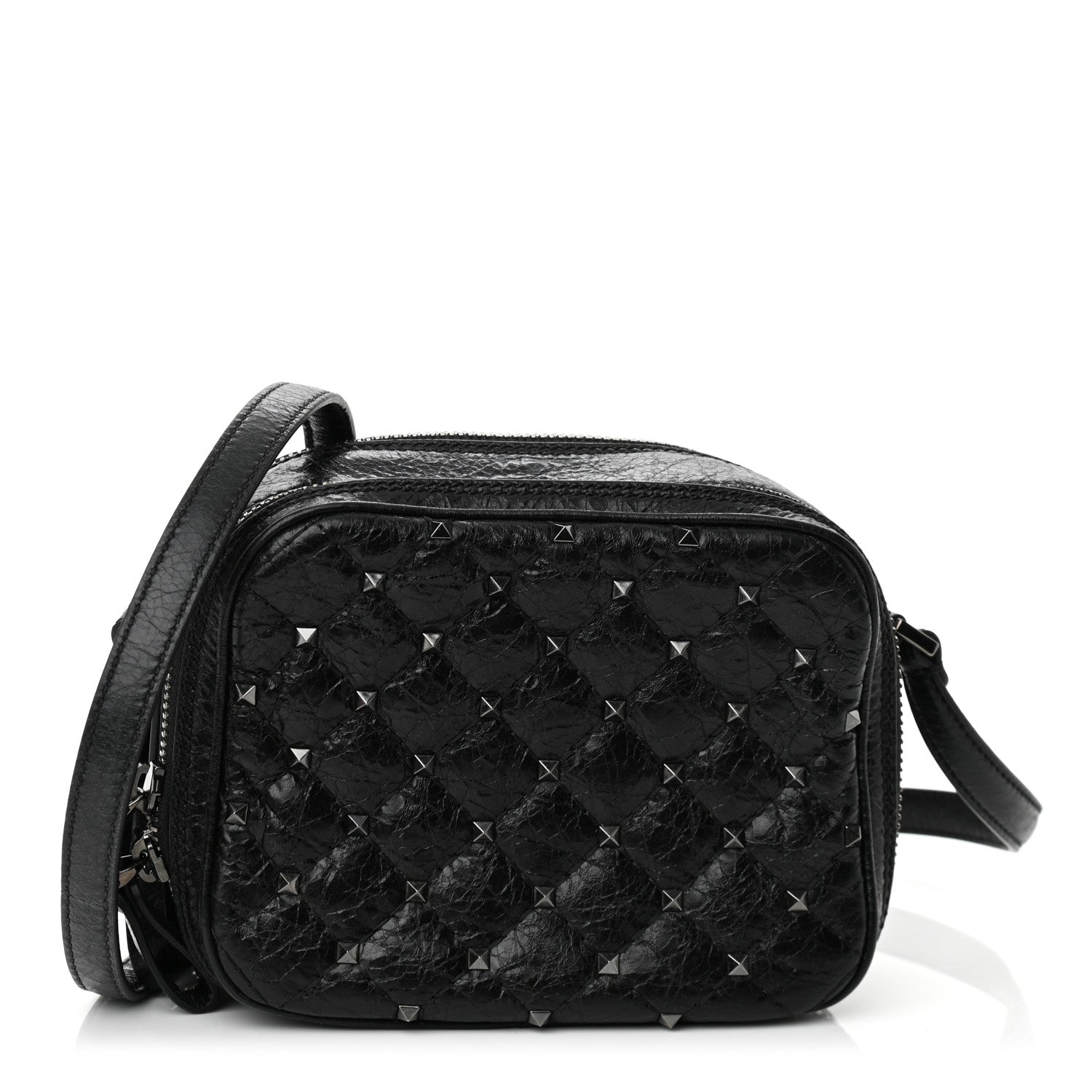 Valentino Garavani Craquele Nappa Rockstud Spike Double Zip Camera Crossbody Bag Black 1 of 9