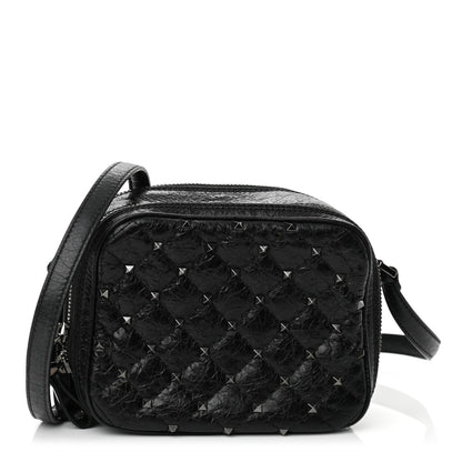 Valentino Garavani Craquele Nappa Rockstud Spike Double Zip Camera Crossbody Bag Black 1 of 9