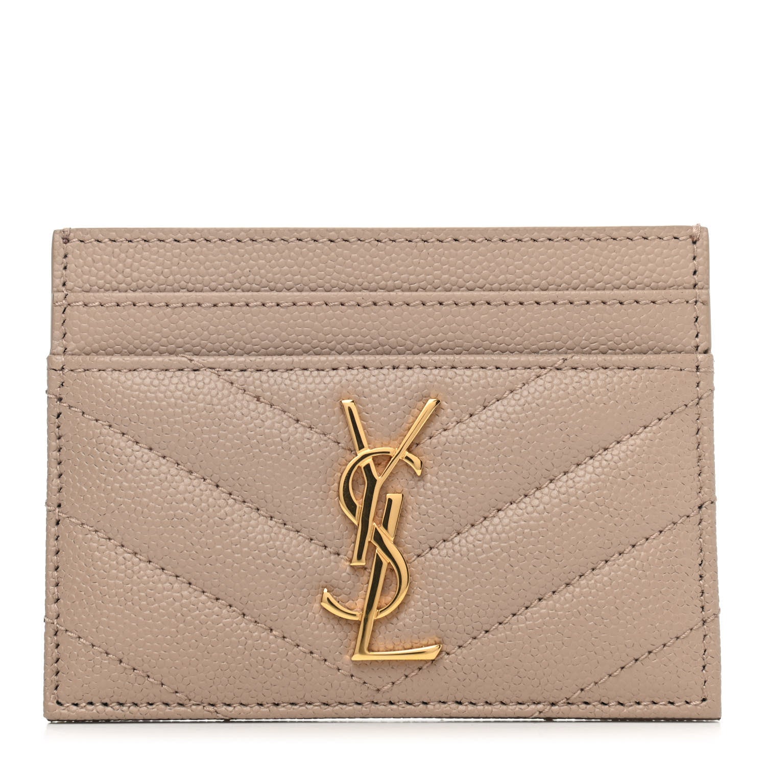 Saint Laurent Grain De Poudre Matelasse Chevron Monogram Credit Card Case Dark Beige 1 of 4