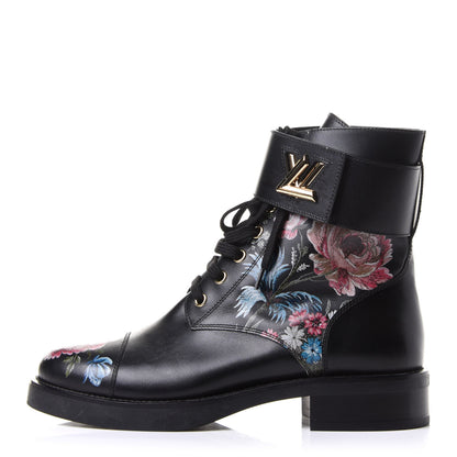 Louis Vuitton Calfskin Wonderland Ranger Flowers Boots 38.5 Black 1 of 9